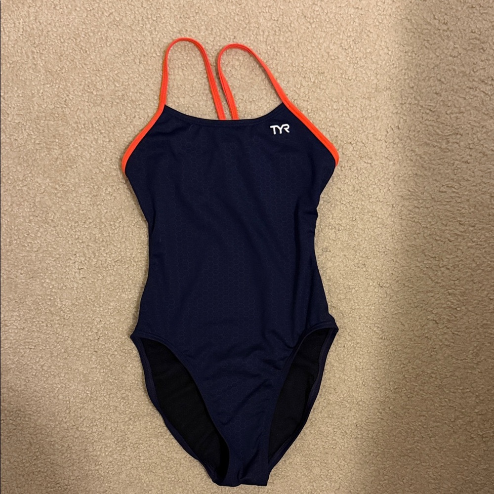 TYR Dark Blue Swimsuit with Bright Orange Trim Size 28